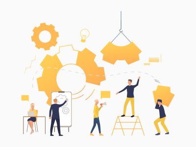 Business team working as mechanism. Operation, teamwork, brainstorming. Management concept. Vector illustration can be used for presentation slide, posters, banners